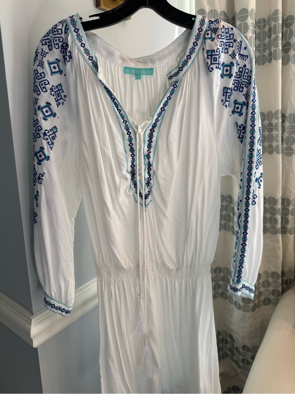 Melissa Odabash White Embroidered Boho Maxi Dress with Blue Accents